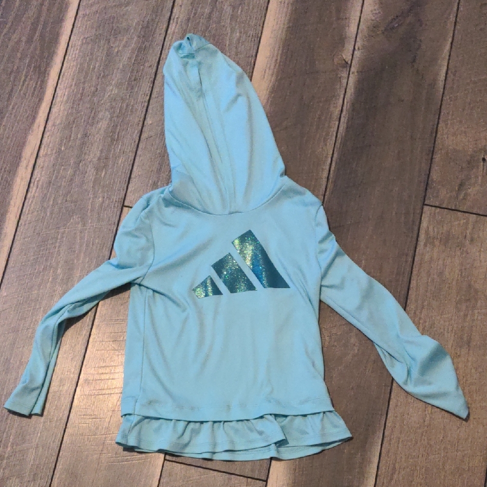adidas Girls Light Blue Ruffled Hem Hoodie Sweatshirt Size 6 Peplum Logo